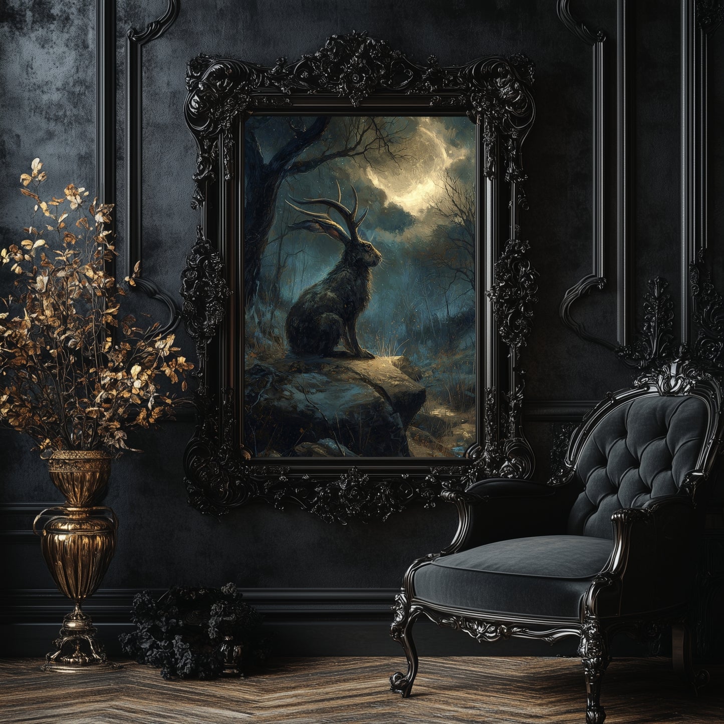 Moonlit Jackalope Wall Art Print – Mystical American Folklore Cryptid Gothic Fantasy Decor