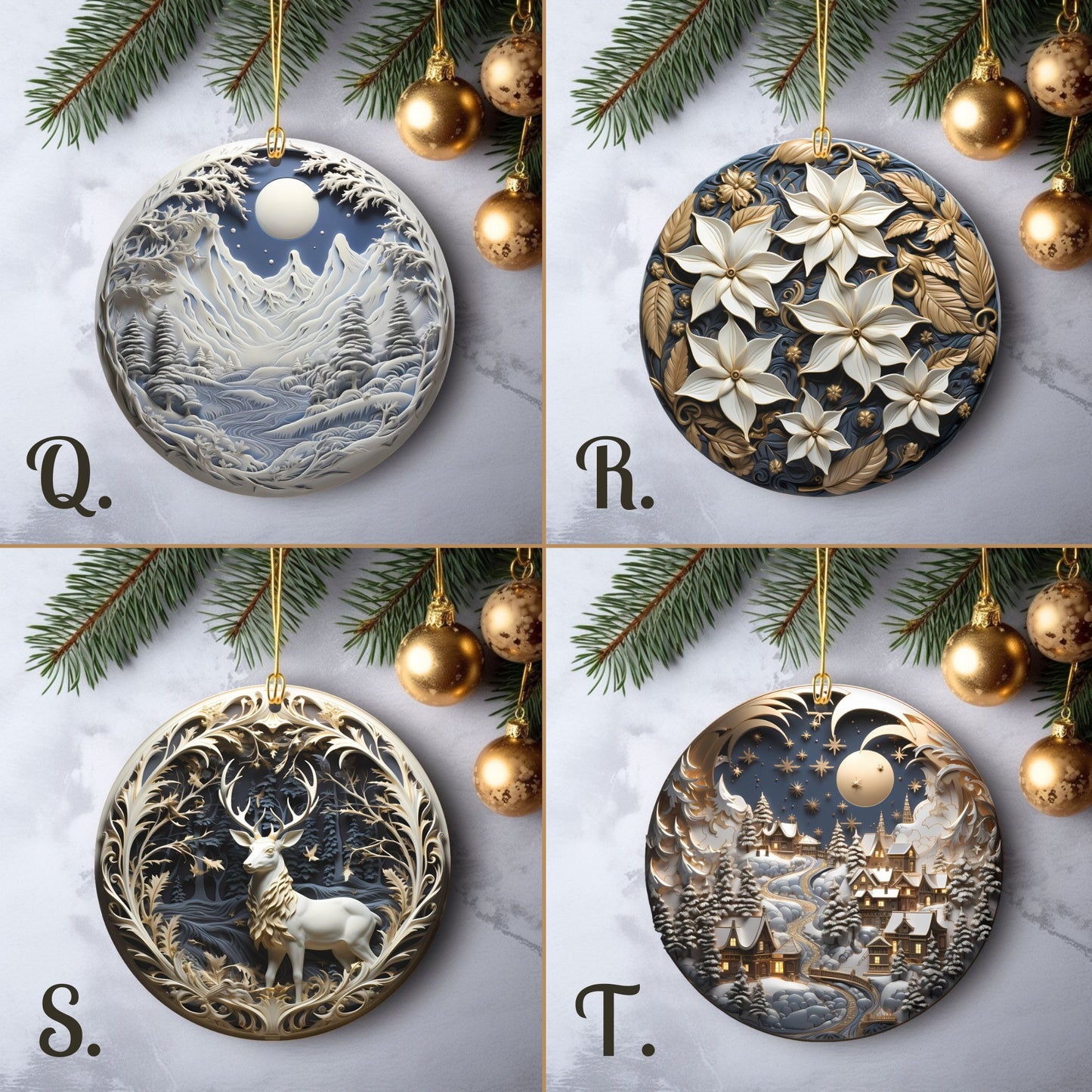 Stilvolle Ornamente, Set mit 20 runden Keramikornamenten, Blaugold, 3D-Druck auf Ornament, kein Relief, festliche Weihnachtsbaumdekoration