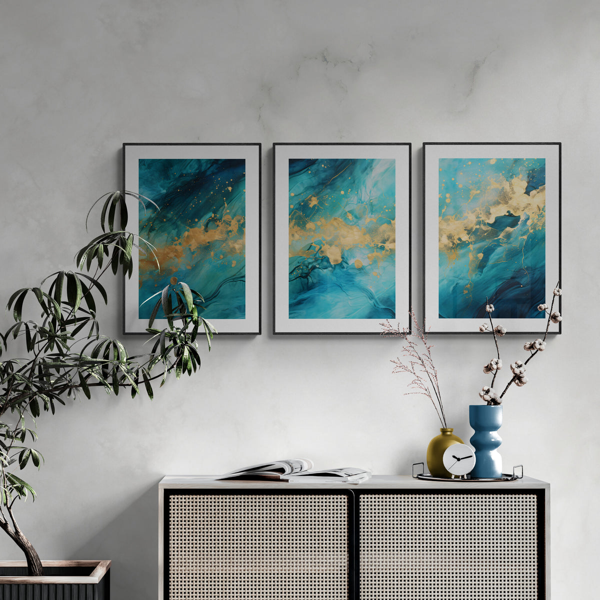 Blue and Gold Wall Art Set of 3 Prints Abstract Petrol Design with Gold ...