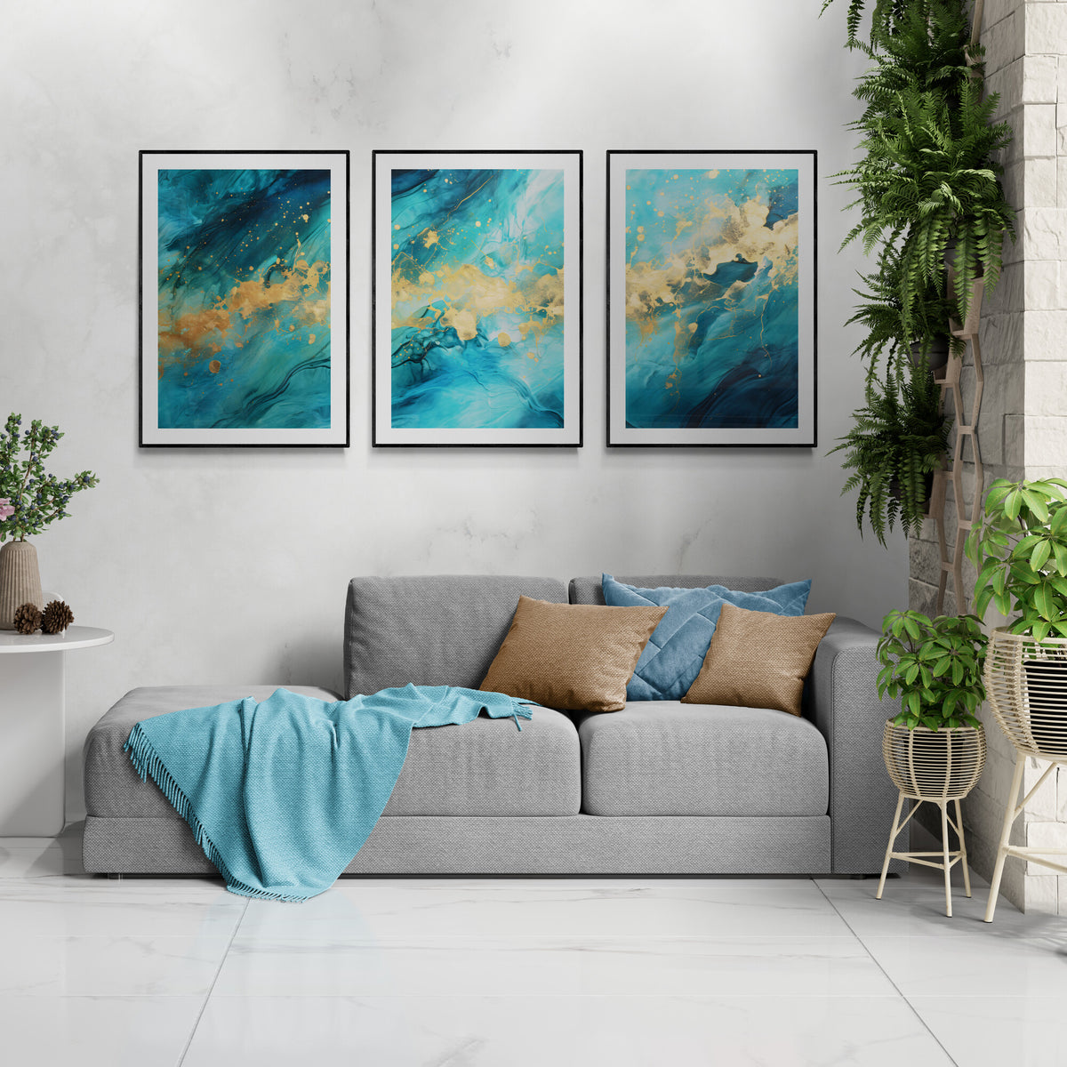 Blue and Gold Wall Art Set of 3 Prints Abstract Petrol Design with Gold ...