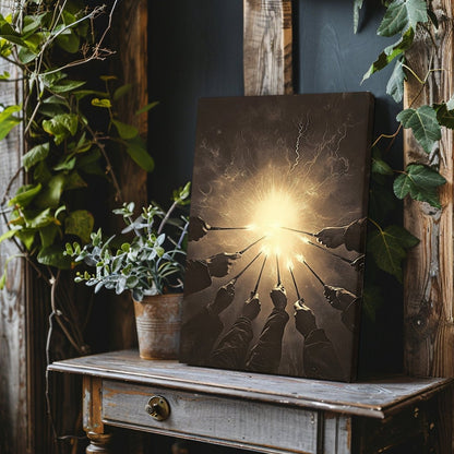 Against the Dark Wizards Ritual Canvas Print – Radiant Magical Energy in Sepia Tones - Everything Pixel