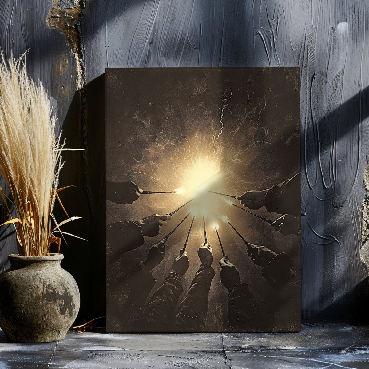 Against the Dark Wizards Ritual Canvas Print – Radiant Magical Energy in Sepia Tones - Everything Pixel