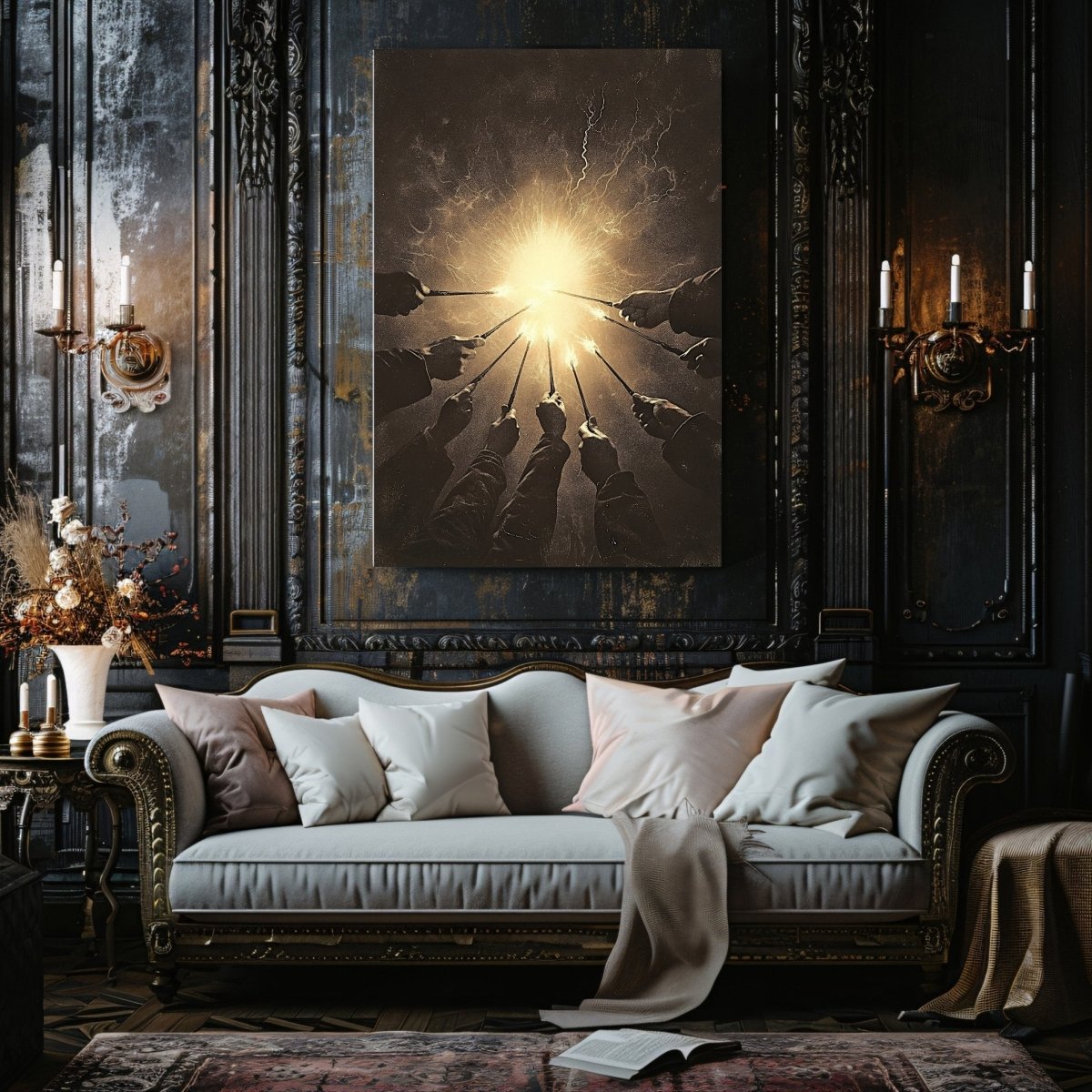 Against the Dark Wizards Ritual Canvas Print – Radiant Magical Energy in Sepia Tones - Everything Pixel