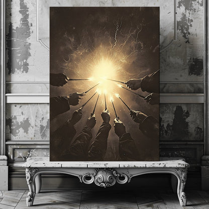 Against the Dark Wizards Ritual Canvas Print – Radiant Magical Energy in Sepia Tones - Everything Pixel