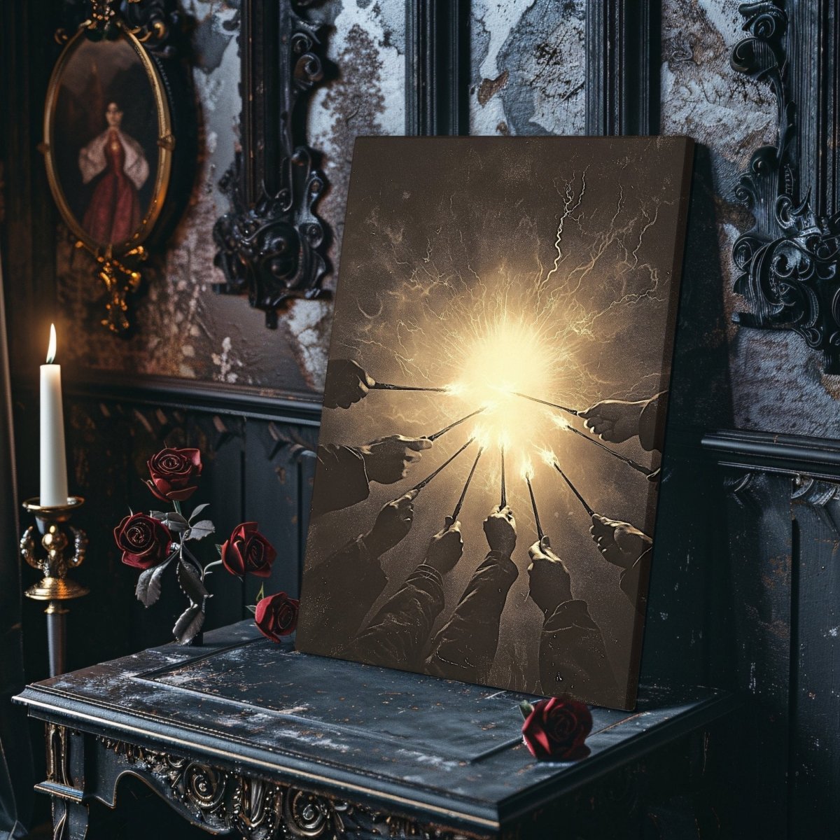 Against the Dark Wizards Ritual Canvas Print – Radiant Magical Energy in Sepia Tones - Everything Pixel