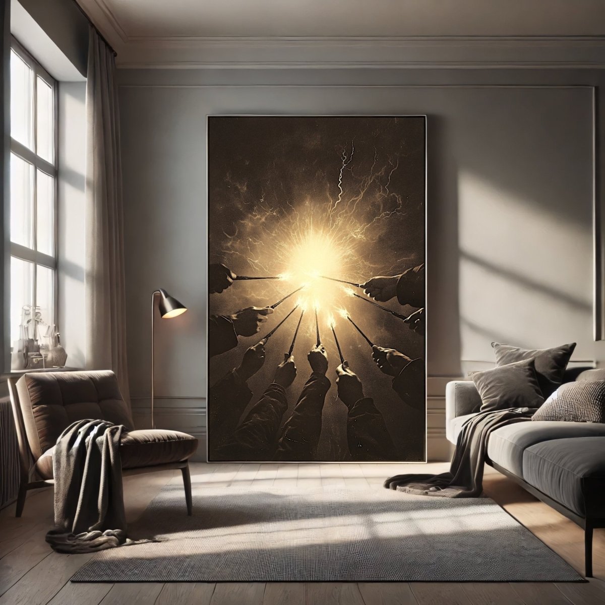 Against the Dark Wizards Ritual Wall Art Print – Sepia Magic and Radiant Light Scene - Everything Pixel