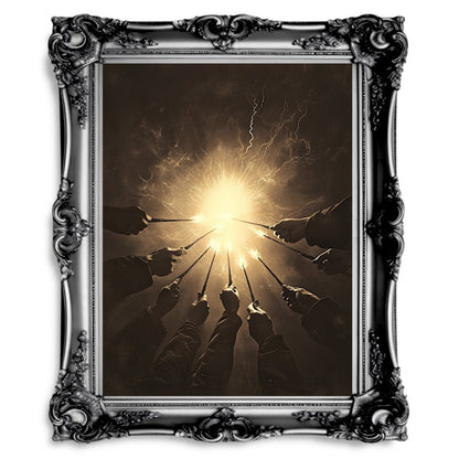 Against the Dark Wizards Ritual Wall Art Print – Sepia Magic and Radiant Light Scene - Everything Pixel