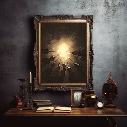 Against the Dark Wizards Ritual Wall Art Print – Sepia Magic and Radiant Light Scene - Everything Pixel