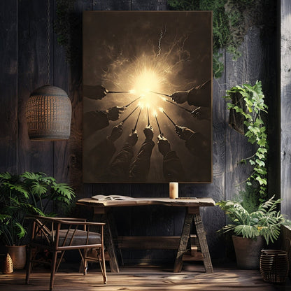 Against the Dark Wizards Ritual Wall Art Print – Sepia Magic and Radiant Light Scene - Everything Pixel