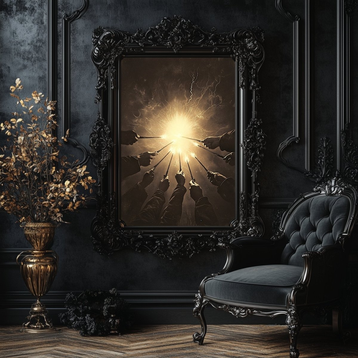 Against the Dark Wizards Ritual Wall Art Print – Sepia Magic and Radiant Light Scene - Everything Pixel