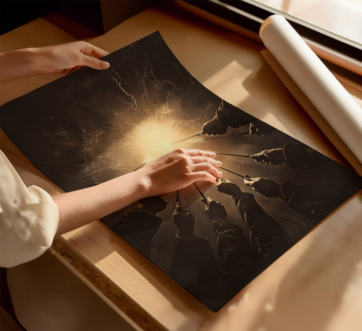 Against the Dark Wizards Ritual Wall Art Print – Sepia Magic and Radiant Light Scene - Everything Pixel