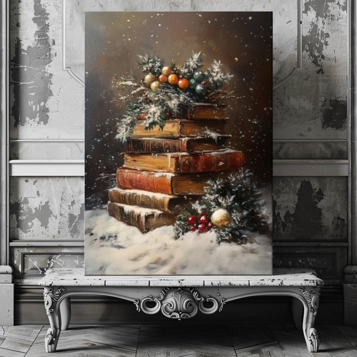 Antique Books with Snow and Holly - Festive Canvas Print for Dark Academia and Christmas Decor - Everything Pixel