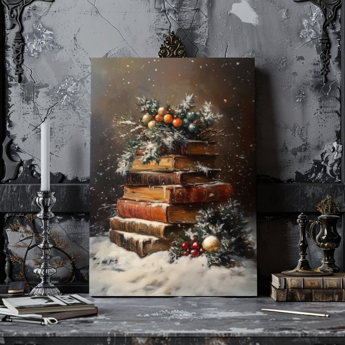 Antique Books with Snow and Holly - Festive Canvas Print for Dark Academia and Christmas Decor - Everything Pixel