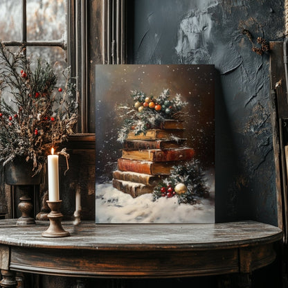 Antique Books with Snow and Holly - Festive Canvas Print for Dark Academia and Christmas Decor - Everything Pixel