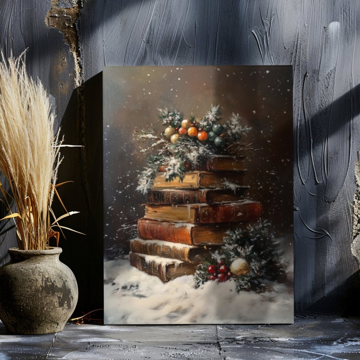 Antique Books with Snow and Holly - Festive Canvas Print for Dark Academia and Christmas Decor - Everything Pixel