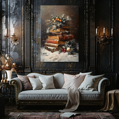 Antique Books with Snow and Holly - Festive Canvas Print for Dark Academia and Christmas Decor - Everything Pixel