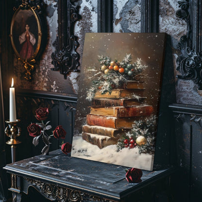 Antique Books with Snow and Holly - Festive Canvas Print for Dark Academia and Christmas Decor - Everything Pixel