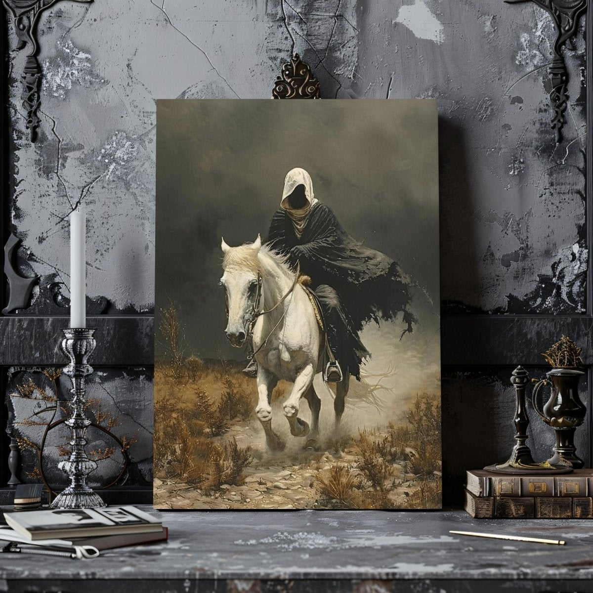 Apocalyptic Horseman Canvas Print - Gothic Horror, Occult Art, White Horse - Everything Pixel