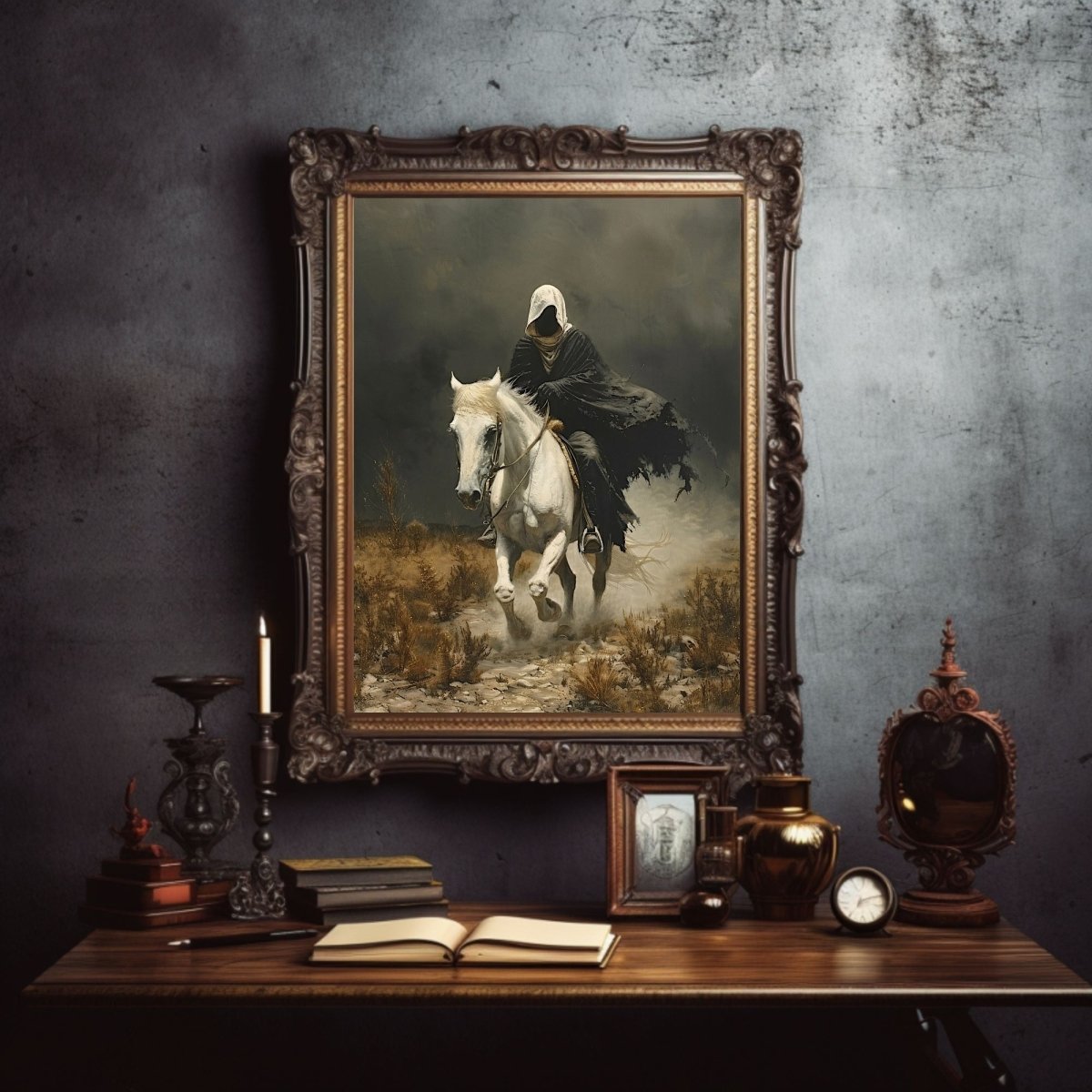 Apocalyptic Horseman Wall Art Print - Gothic Horror, Occult Art, White Horse - Everything Pixel