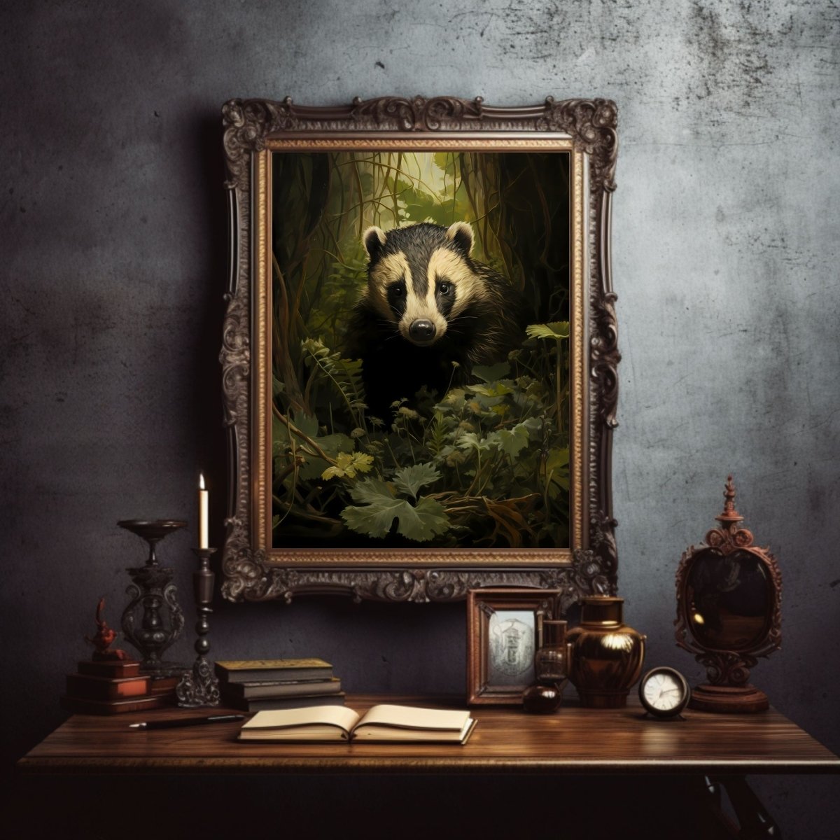 Badger in Moody Forest Gothic Wall Art Dark Cottagecore Vintage Dark Academia Print Woodland Animal Art Wildlife Painting Gothic Paper Poster Print - Everything Pixel