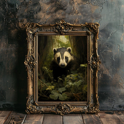 Badger in Moody Forest Gothic Wall Art Dark Cottagecore Vintage Dark Academia Print Woodland Animal Art Wildlife Painting Gothic Paper Poster Print - Everything Pixel