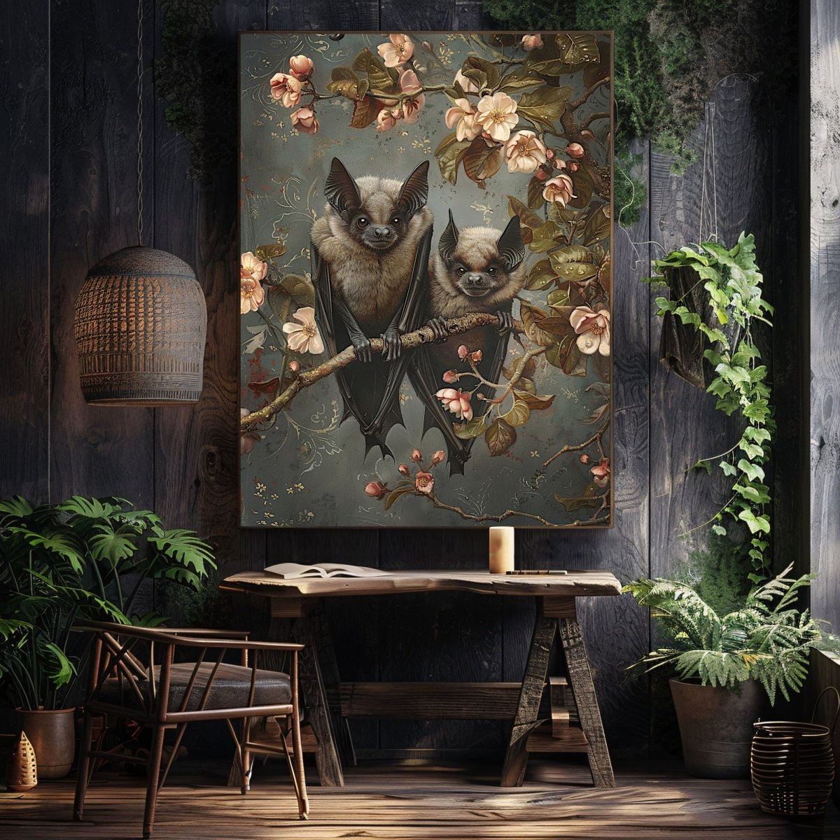 Bat Couple on Branch with Blooming Flowers - Whimsigoth Decor for Gothic Bat Lovers - Gothic Wall Art Print - Everything Pixel