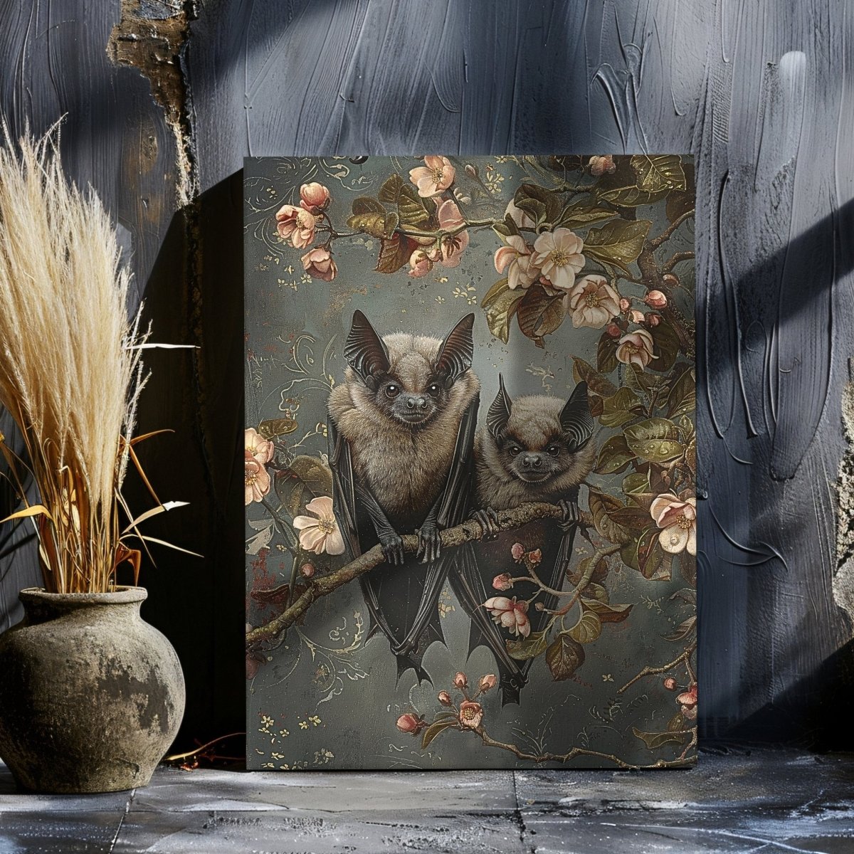 Bat Couple on Branch with Blooming Flowers - Whimsigoth Decor for Unique Homes - Gothic Canvas Wall Art - Everything Pixel