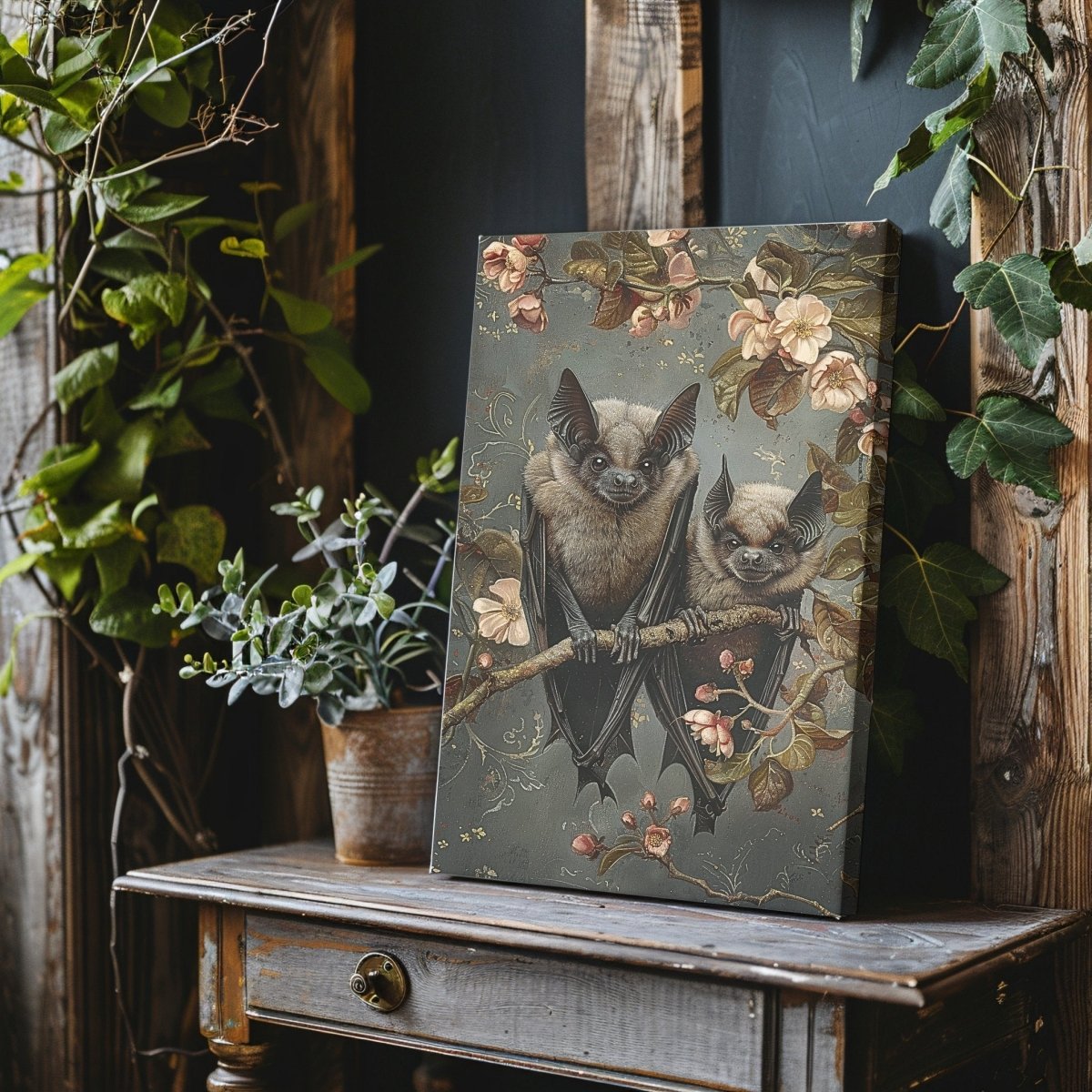 Bat Couple on Branch with Blooming Flowers - Whimsigoth Decor for Unique Homes - Gothic Canvas Wall Art - Everything Pixel