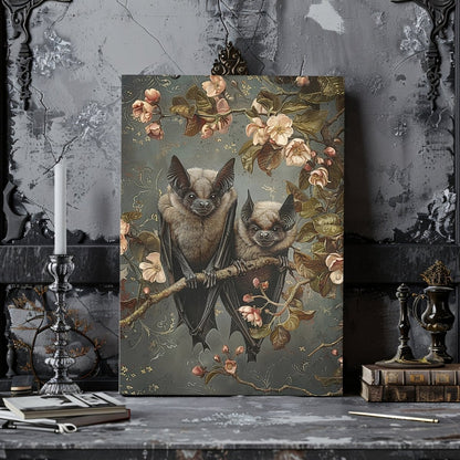 Bat Couple on Branch with Blooming Flowers - Whimsigoth Decor for Unique Homes - Gothic Canvas Wall Art - Everything Pixel