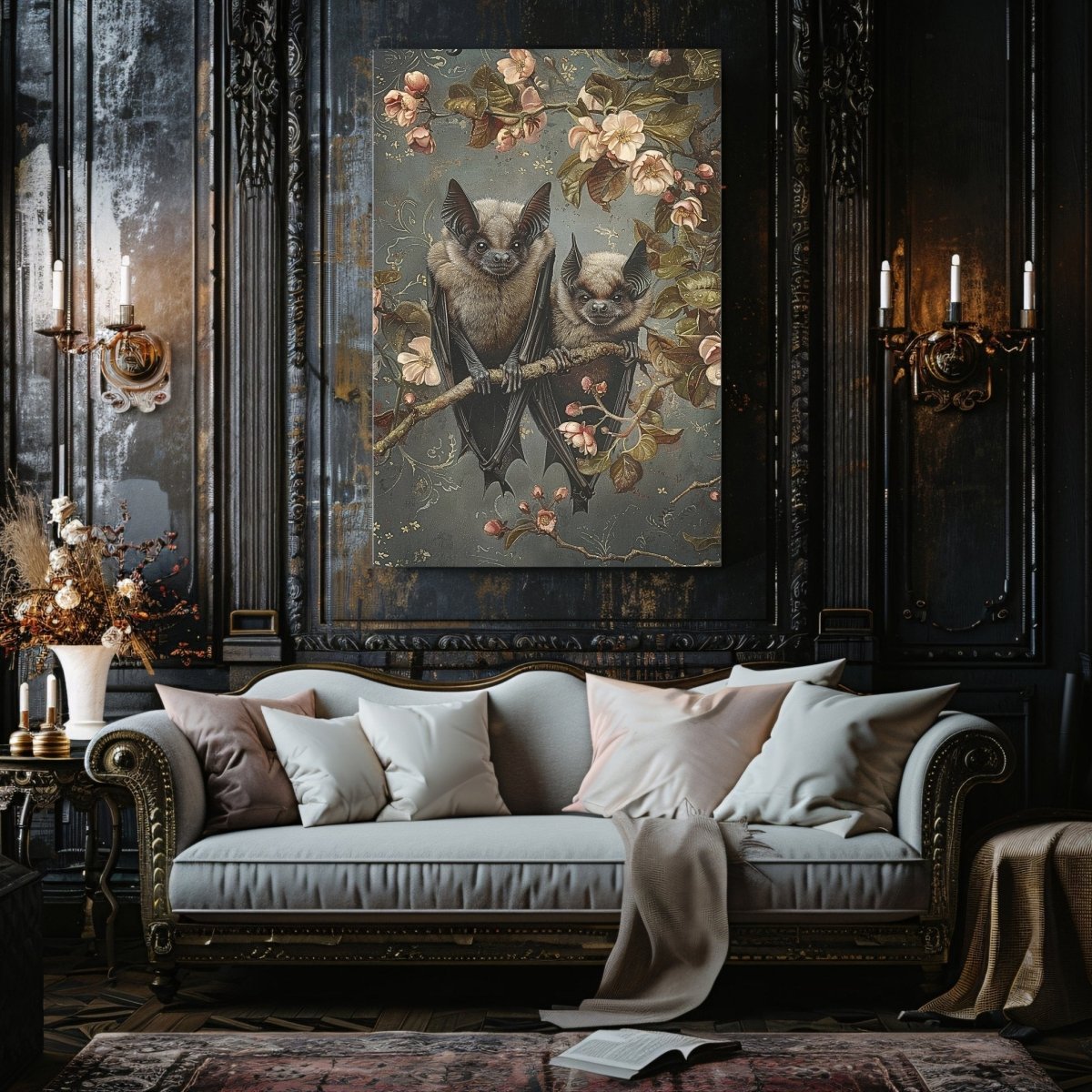 Bat Couple on Branch with Blooming Flowers - Whimsigoth Decor for Unique Homes - Gothic Canvas Wall Art - Everything Pixel