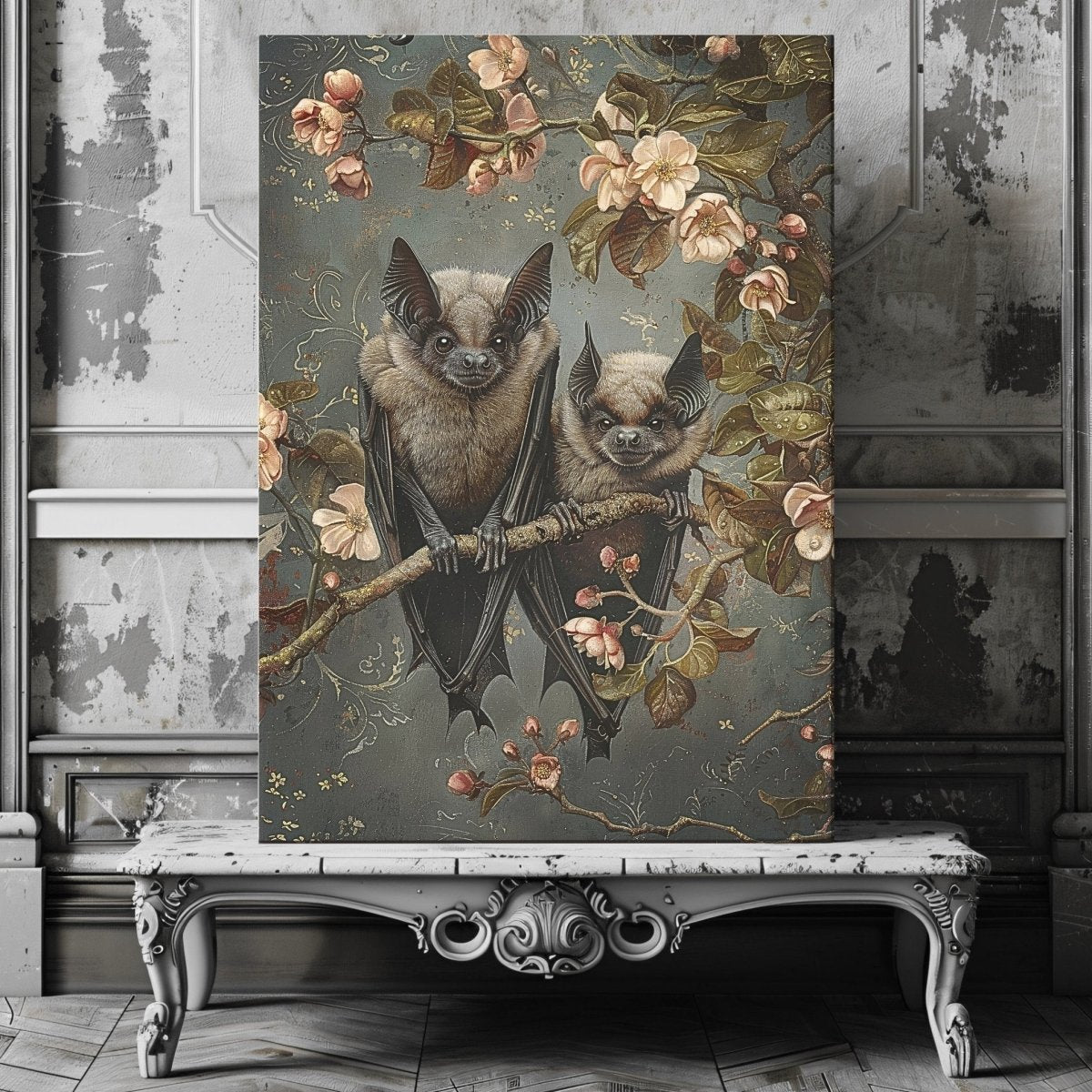 Bat Couple on Branch with Blooming Flowers - Whimsigoth Decor for Unique Homes - Gothic Canvas Wall Art - Everything Pixel