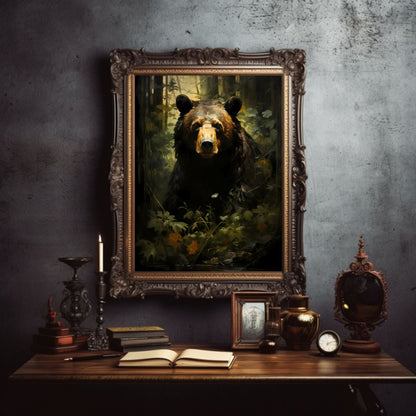 Bear in Moody Forest Gothic Wall Art Dark Cottagecore Vintage Dark Academia Print Woodland Animal Art Wildlife Painting Gothic Decor Paper Poster Print - Everything Pixel
