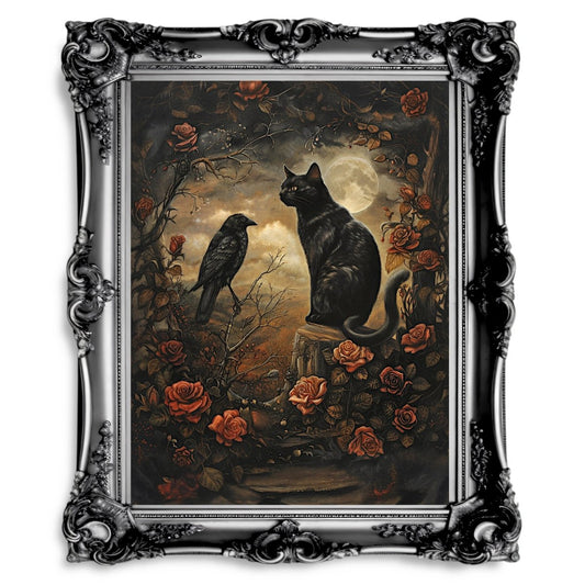 Black Cat and Raven in Rose Forest with Full Moon - Gothic Wall Art Print - Everything Pixel