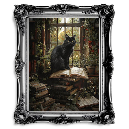 Black Cat on Books in Overgrown Library - Whimsigoth Decor for Cat Lovers - Gothic Wall Art Print - Everything Pixel