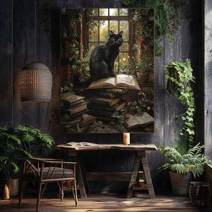 Black Cat on Books in Overgrown Library - Whimsigoth Decor for Cat Lovers - Gothic Wall Art Print - Everything Pixel