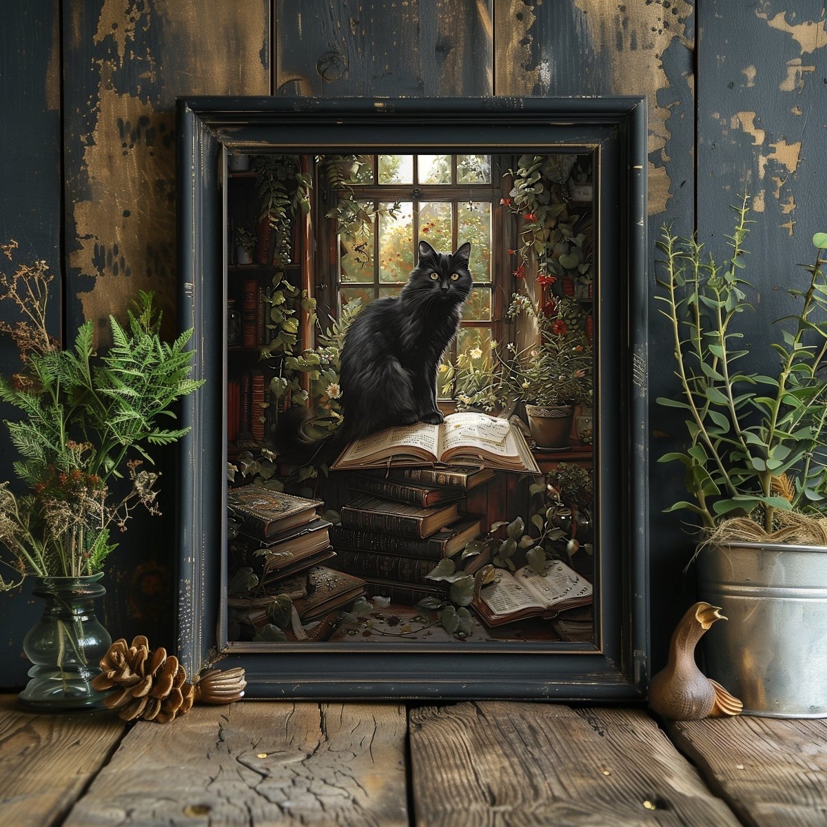 Black Cat on Books in Overgrown Library - Whimsigoth Decor for Cat Lovers - Gothic Wall Art Print - Everything Pixel