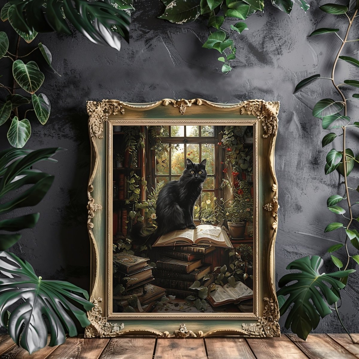 Black Cat on Books in Overgrown Library - Whimsigoth Decor for Cat Lovers - Gothic Wall Art Print - Everything Pixel