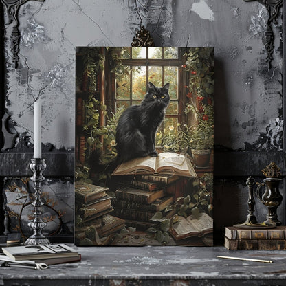 Black Cat on Books in Overgrown Library - Whimsigoth Decor for Unique Homes - Gothic Canvas Wall Art - Everything Pixel