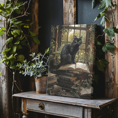 Black Cat on Books in Overgrown Library - Whimsigoth Decor for Unique Homes - Gothic Canvas Wall Art - Everything Pixel