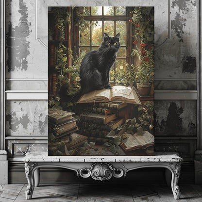 Black Cat on Books in Overgrown Library - Whimsigoth Decor for Unique Homes - Gothic Canvas Wall Art - Everything Pixel