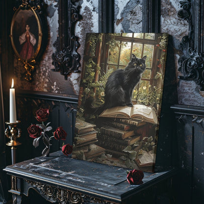 Black Cat on Books in Overgrown Library - Whimsigoth Decor for Unique Homes - Gothic Canvas Wall Art - Everything Pixel