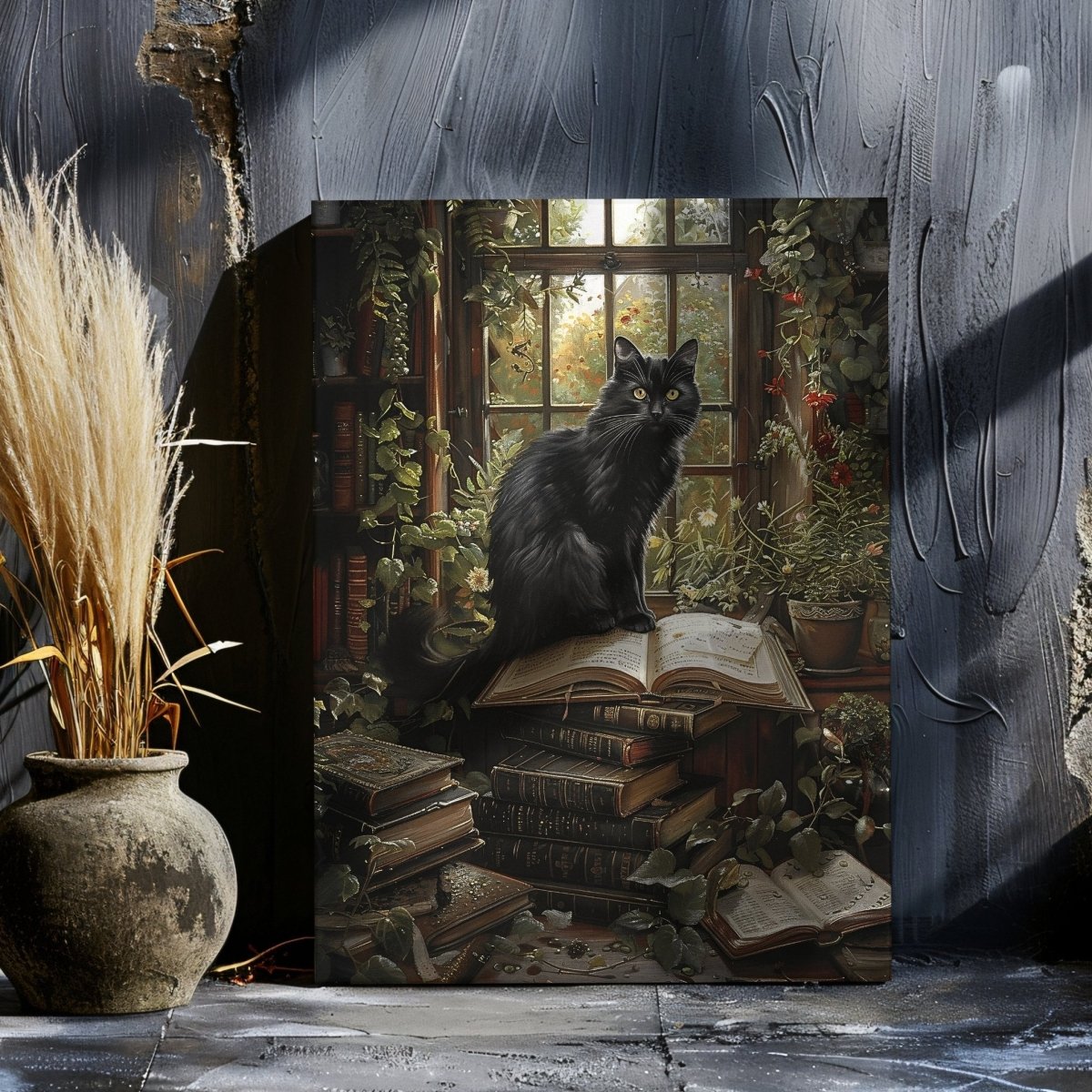 Black Cat on Books in Overgrown Library - Whimsigoth Decor for Unique Homes - Gothic Canvas Wall Art - Everything Pixel