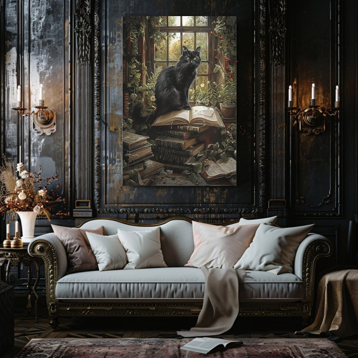 Black Cat on Books in Overgrown Library - Whimsigoth Decor for Unique Homes - Gothic Canvas Wall Art - Everything Pixel