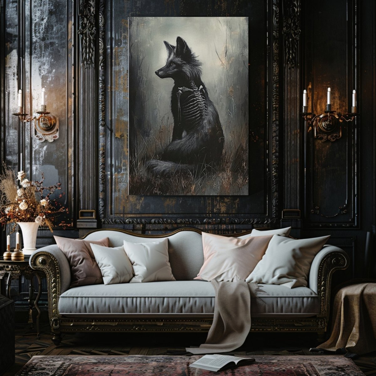 Black Fox Canvas Print – Mystical Gothic Artwork with Skeletal and Woodland Details - Everything Pixel