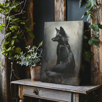 Black Fox Canvas Print – Mystical Gothic Artwork with Skeletal and Woodland Details - Everything Pixel