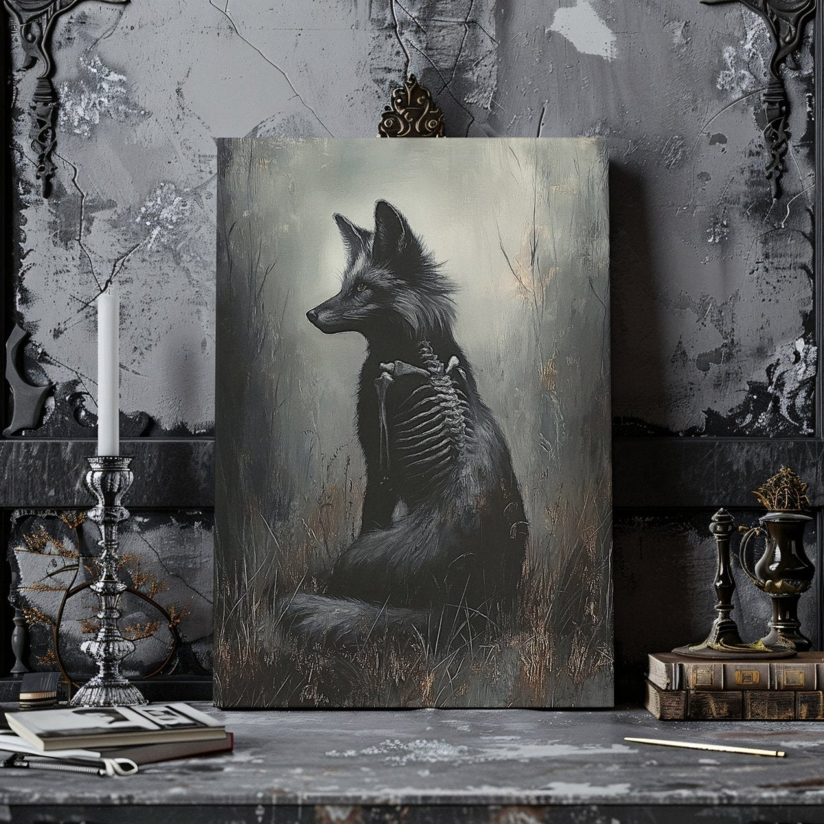 Black Fox Canvas Print – Mystical Gothic Artwork with Skeletal and Woodland Details - Everything Pixel