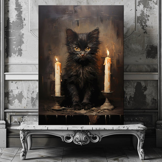 Black Kitten with Candlelight Canvas Print - Gothic Decor, Vintage Halloween - Everything Pixel