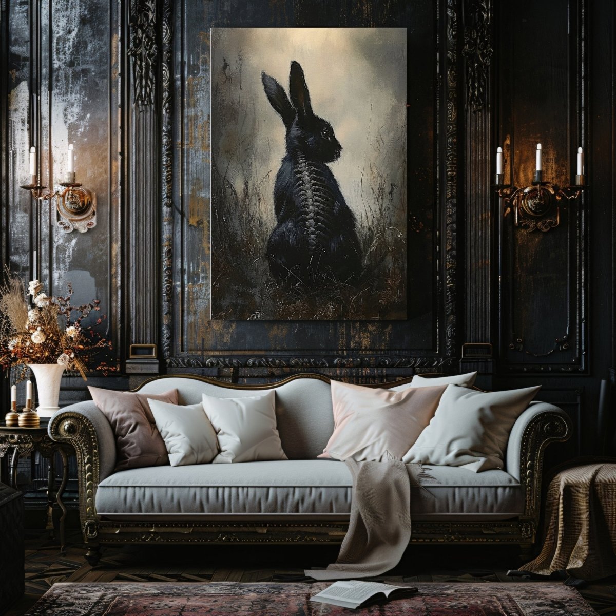 Black Rabbit Canvas Print – Mystical Gothic Artwork with Skeletal and Woodland Details - Everything Pixel