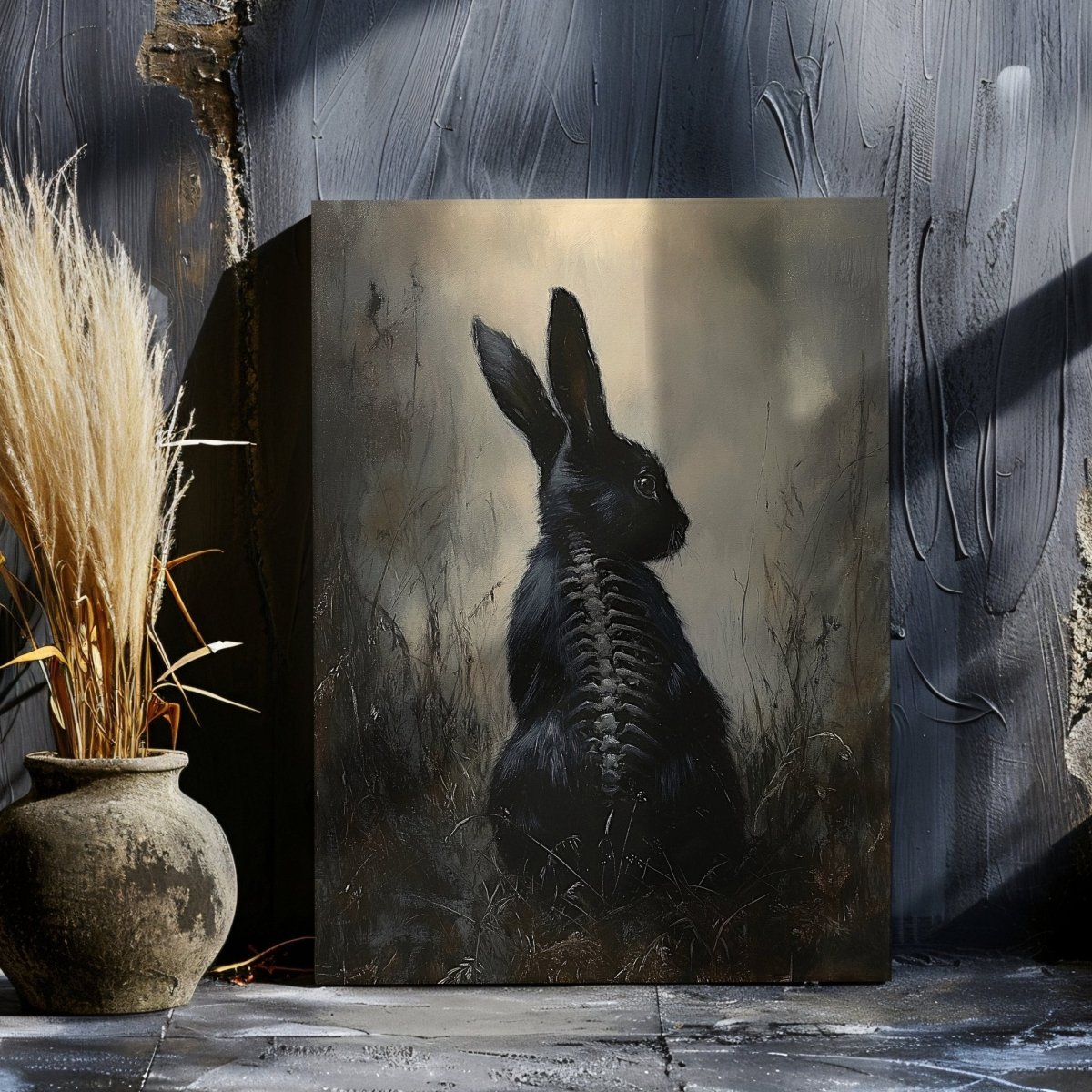 Black Rabbit Canvas Print – Mystical Gothic Artwork with Skeletal and Woodland Details - Everything Pixel