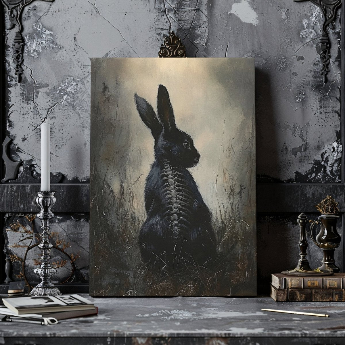 Black Rabbit Canvas Print – Mystical Gothic Artwork with Skeletal and Woodland Details - Everything Pixel